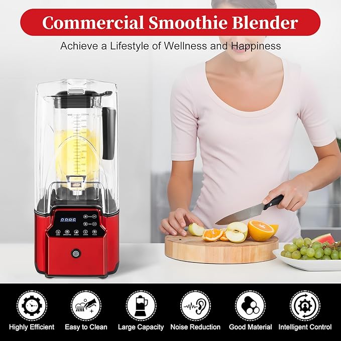 Blenders for Kitchen2200W High Speed Professional Countertop Blender with Soundproof HousingCommercial Quiet Blender for Shakes and SmoothiesRed