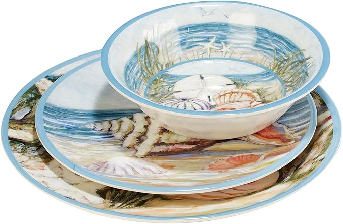 Seacoast Melamine 12 Piece Dinnerware Set – Coastal Beach-Themed Plates and Bowls Service for 4 with Shell and Ocean Art Break-Resistant BPA-Free Reusable Dinnerware Dishwasher Safe Indoor/Outdoor