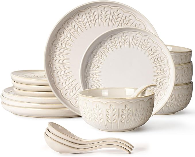 Artena Plates And Bowls Sets 16 Pieces Dinnerware Sets Dish Set For 4 Ceramic Kitchen Bowl And Plate Set Embossed White Dishware Sets Dishwasher &amp Microwave Safe (Wheat Leaf)