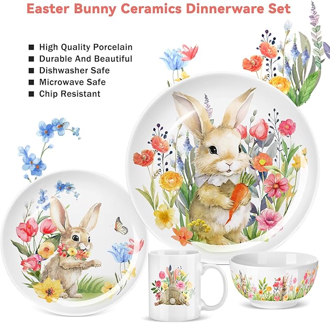 Zhehao 16 Pcs Easter Bunny Dinnerware Set Ceramics Rabbit Dishware Include 10 Inch Dinner Plate 7 Inch Salad Plate 5 Cereal Bowl 16 oz Coffee Mug for Holiday Dinner Party Service for 4