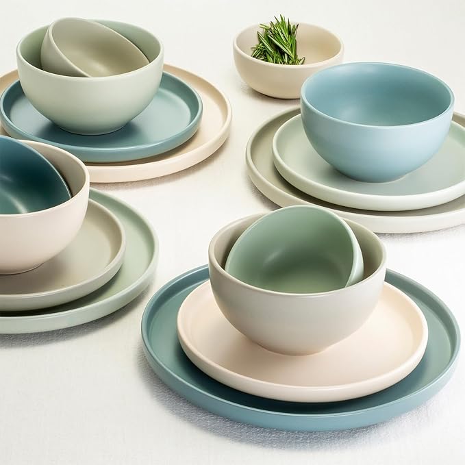 Sango 16-Piece Stoneware Dinnerware Set for 4 Satin Glazed Plates and Bowls Sets with Matte Finish Ceramic Dish Set Durable Kitchen Dishes Microwave &amp Dishwasher Safe Dining Rollo Artist's Bl