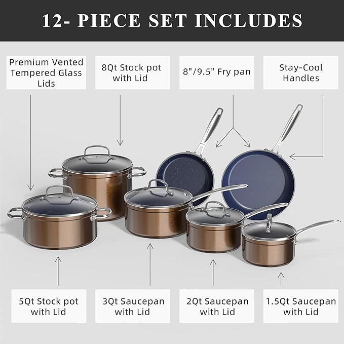Nuwave Healthy Duralon Blue Ceramic Nonstick Cookware Set Diamond Infused Scratch-Resistant PFAS Free Dishwasher &amp Oven Safe Induction Ready &amp Evenly Heats Tempered Glass Lids &amp Stay-