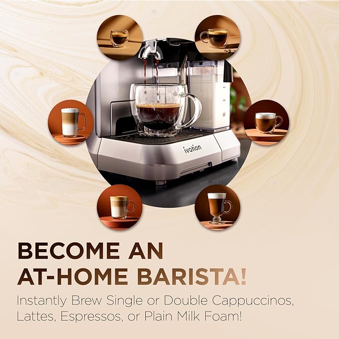Ivation Espresso &amp Cappuccino Maker w/Milk Frother | 58mm | Coffee Machine for Home | Single &amp Double Shots | Espresso Cappuccino Latte &amp Froth | Auto-Clean &amp Descale - Detachable M