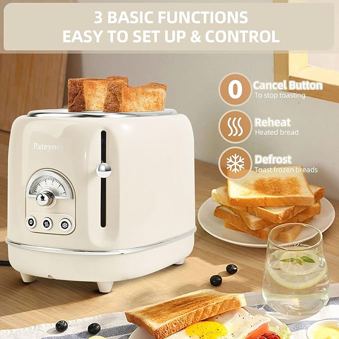 Retro Stainless Steel Toaster - 2 Slice Extra-Wide Slot 6 Adjustable Settings Removable Crumb Tray Defrost Cancel Reheat (Cream)