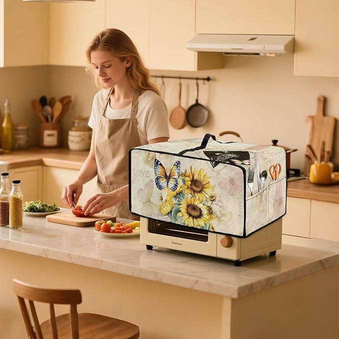 Doojoayie Butterfly Sunflower Toaster Cover 4 Slice Toaster Oven Cover Dust Resistant Appliance Covers for Kitchen Counter Modern Home Kitchen Decoration