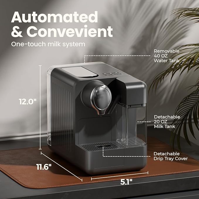 Espresso Machine with Integrated Automatic Milk Frother - Single-Serve Coffee Maker Capsule Compatible One Touch Latte &amp Cappuccino Single or Double Shot Espresso Maker
