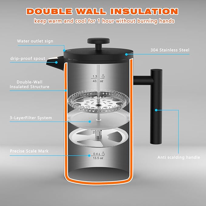 French Press Coffee Maker 50OZ Double Wall Vacuum Insulated 304 Stainless Steel for Home Camping and Office