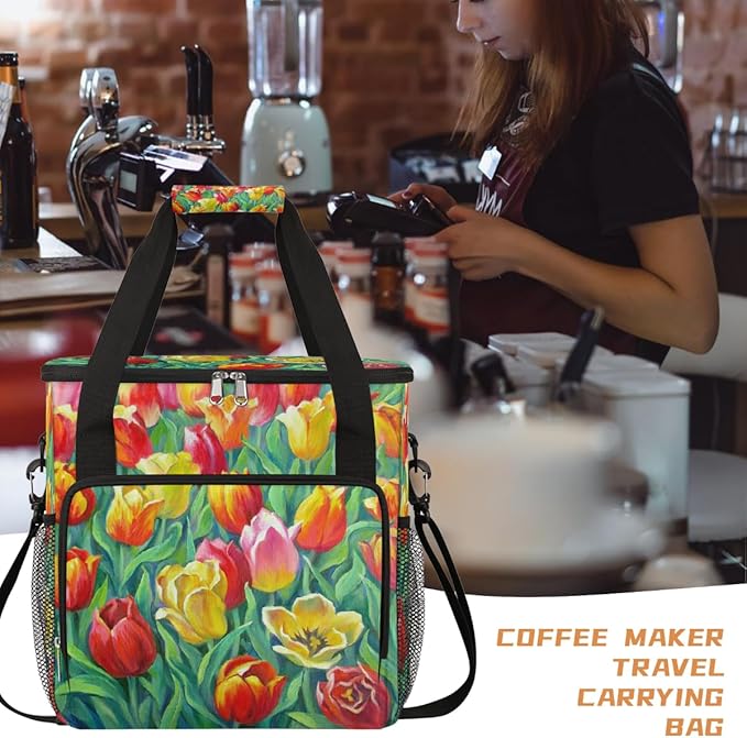Tulips Flowers Coffee Maker Carring Bag Travel Carrying Storage Tote Bag Compatible with Keurig K-Mini or K-Mini Plus Portable Single Serve Coffee Brewer Case with Pockets for K-cup Pods