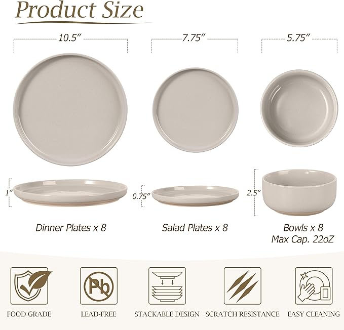 LIANYU Dinnerware Dishes Sets for 8 24-Piece Stoneware Dinner Set Ceramic Dining Bowls and Plates Crafted at 2400℉ Scratch Resistant Microwave &amp Dishwasher Safe Milky Brown