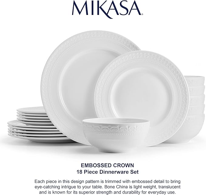 Mikasa Crown White Chip Resistant 18 Piece Dinnerware Set Service for 6