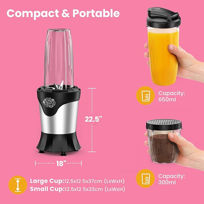 Suavo Smoothie Blender 1100W Portable Personal Blender for Shakes and Smoothies with 2 * 22Oz To-Go Cups &amp Lids Includes Portable Coffee Grinder and 10Oz BPA-Free Travel Cup Countertop Mixer