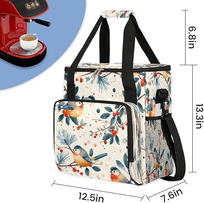 Bird Berry Branch Coffee Maker Carrying Bag Compatible with K-Mini or K-Mini Plus Portable Single Cup Coffee Maker Case with Pockets for K Cup Pods