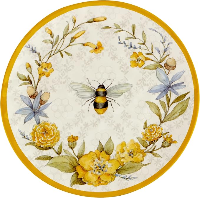 Certified International Bee Sweet 12-Piece Melamine Dinnerware Set Service for 4 Bee &amp Floral Plates and Bowls Durable Shatterproof Outdoor Tableware for Spring &amp Summer Entertaining