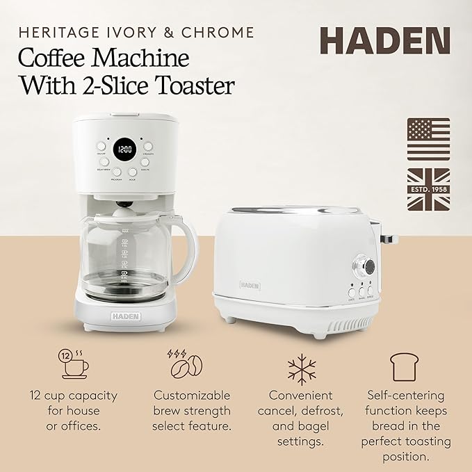 Haden 12 Cup Programmable Coffee Maker with Brew Strength Control and Heritage Stainless Steel Bread Toaster 2 Slice Wide Slot Ivory &amp Chrome