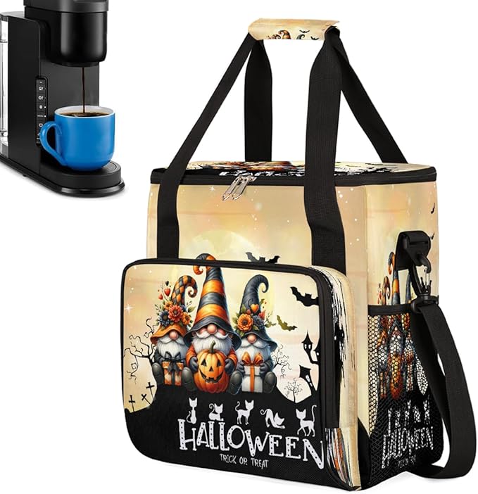 Halloween Goblin Pumpkin Gifts Coffee Maker Carring Bag Travel Carrying Storage Tote Bag Compatible with Keurig K-Mini or K-Mini Plus Portable Single Serve Coffee Brewer Case with Pockets