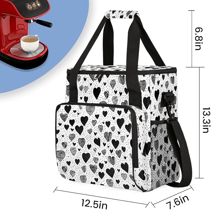 Black White heart Coffee Maker Carrying Bag Portable Travel Storage Tote Bag Compatible with K-Mini or K-Mini Plus Single Serve Coffee Brewer Carrying Case with Multiple Pockets &amp Shoulder Strap