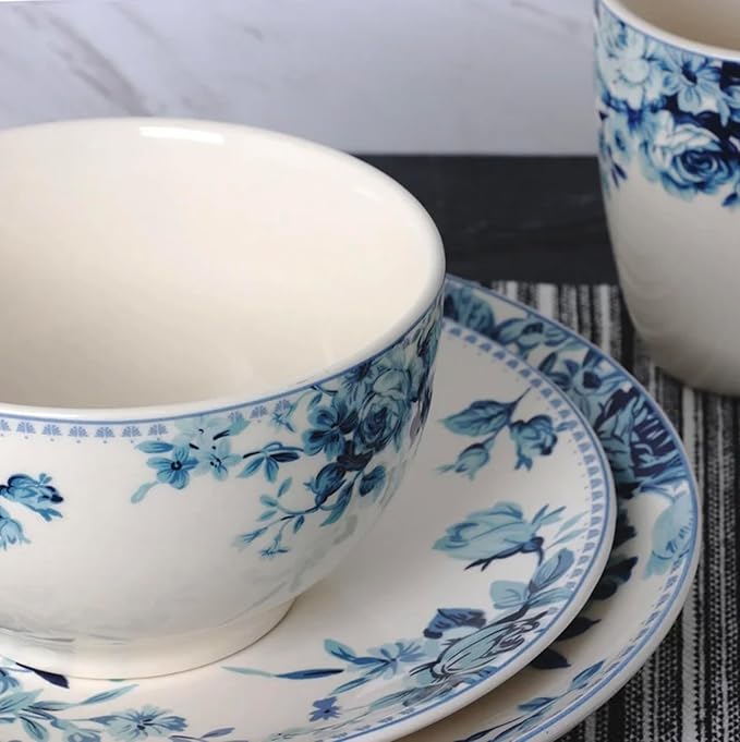 Traditional Blue Rose 16 Piece Stoneware Dinnerware Set (Blue)