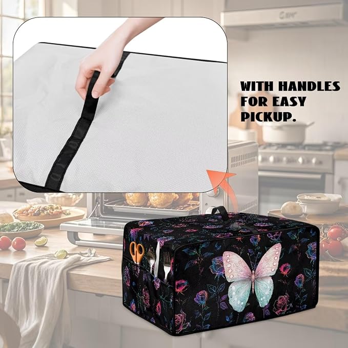 Butterfly Rose Print Toaster Oven Cover Wide Slot Washable Dustproof Bread Maker Covers Compatible with Air Fryer Toaster Smart Oven 18.5 x 14.5 x 9 Black