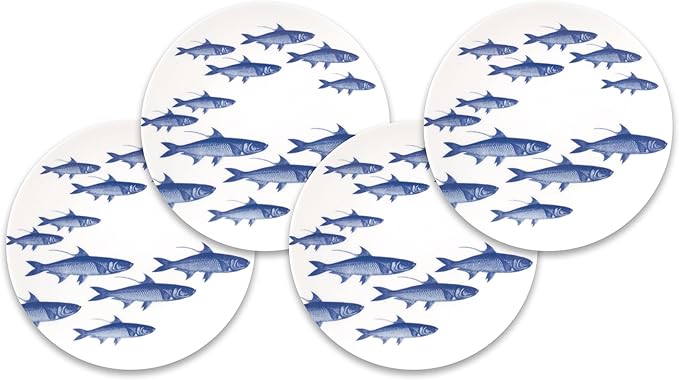 Caskata School of Fish Appetizer Plates Set of 4 | High-Design Lead-Free Porcelain Dinnerware Dessert Plates Set | Blue Dinnerware Set for Entertaining Everyday Wedding or Birthday Gifts | 6.35 in