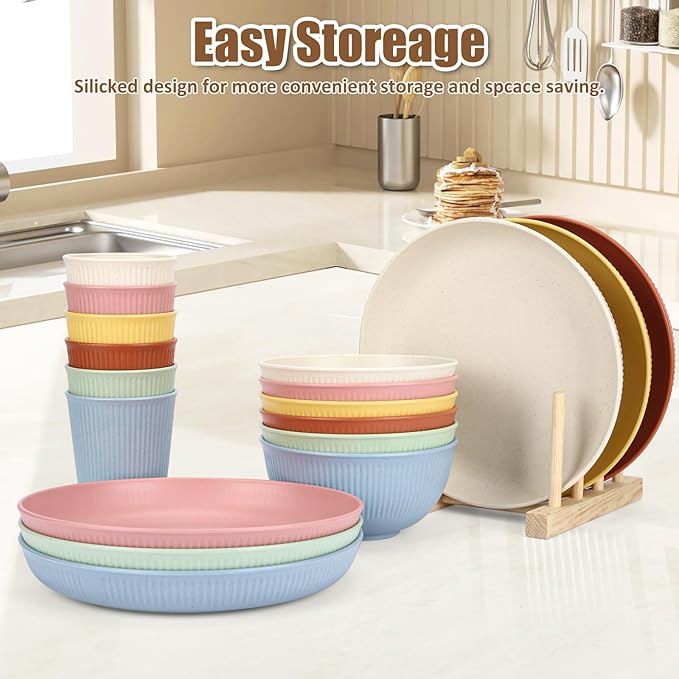 18PCS Wheat Straw Dinnerware Sets Unbreakable Reusable Dinnerware Set for 6 Microwave Dishwasher Safe Dinnerware Dinner Outdoor Camping Dishes