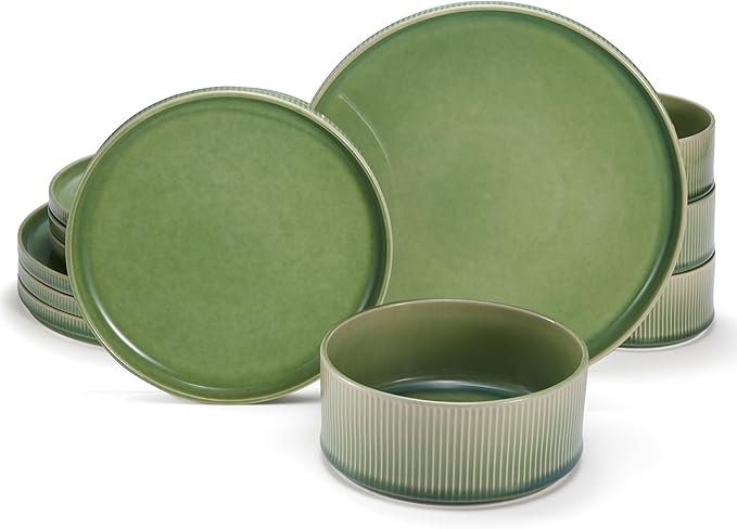 Ceramic Dinnerware Set by Vase and Vessel 12-Piece Service for 4 9.8” Dinner Plates 8” Salad Plates 20 oz Bowls Ombre Reactive Glaze Durable Stoneware Microwave &amp Dishwasher (Moss Green)