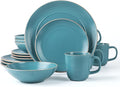 RINGAR Round Stoneware 16pc Dinnerware Set of 4 Dinner Plates Side Plates Cereal Bowls Mugs - Speckle Matte Turquoise (428693)