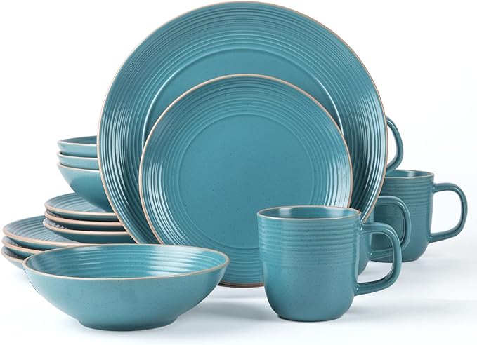 RINGAR Round Stoneware 16pc Dinnerware Set of 4 Dinner Plates Side Plates Cereal Bowls Mugs - Speckle Matte Turquoise (428693)