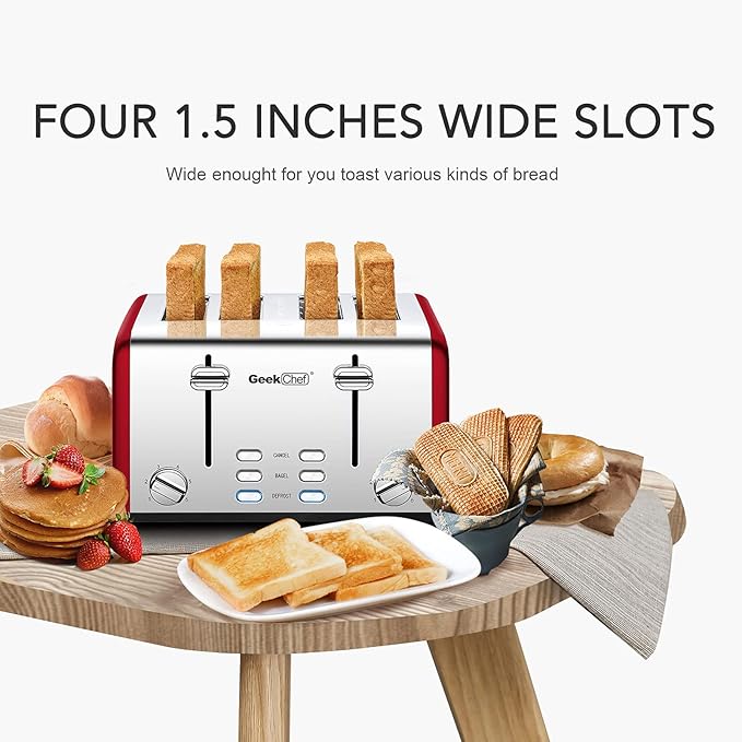 Geek Chef 4 Slice toaster Best Rated Prime Retro Bagel Toaster with 6 Bread Shade Settings 4 Extra Wide Slots Defrost/Bagel/Cancel Function Removable Crumb Tray Stainless Steel Toaster 1500W (Re