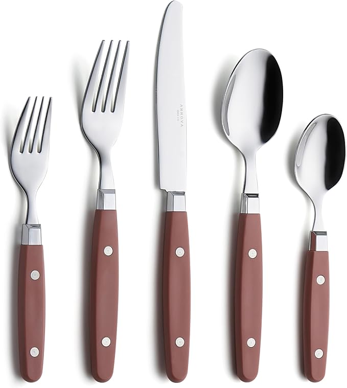 ANNOVA Silverware Set Retro/Rivet Colorful Stainless Steel Tableware Kitchen Flatware Set Utensils Includes Dinner Knives Forks Spoons Salad Forks &amp Dessert Spoons (Brown 20 Pieces)