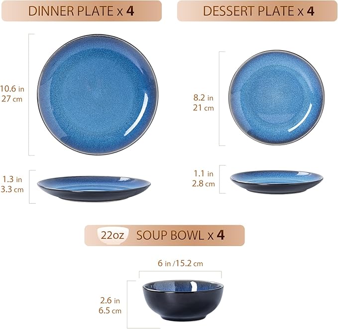Plates and Bowls Sets for 4 - CJDC-QUELO 12-Piece Stoneware Dinnerware Sets Ceramic Dishware Set for Kitchen Use and Formal Dining Chip and Scratch Resistant Microwave Dishwasher Safe Blue