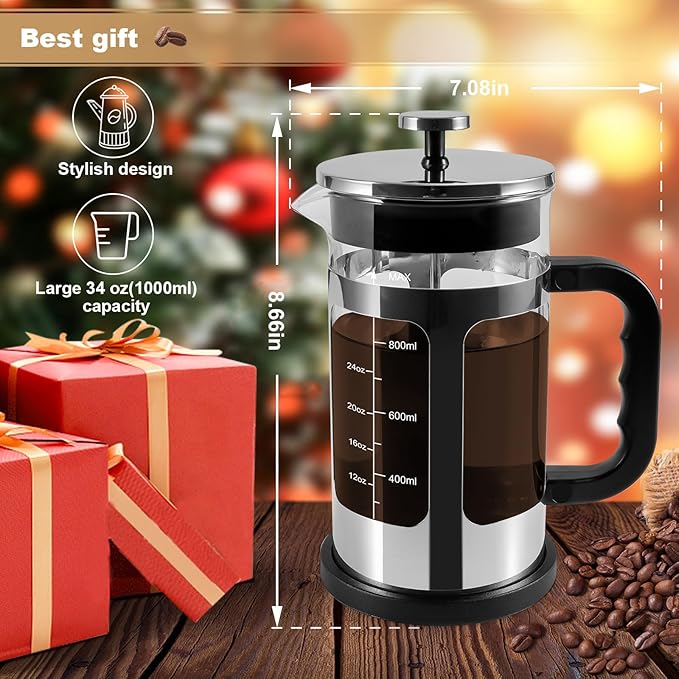 French Press Coffee Tea Maker Upgrade Heat Cold Resistant Thickened Glass with 4 Level Stainless Steel Filtration System Brew Coffee &amp Tea BPA Free Large 1000ml 34oz (Silver)