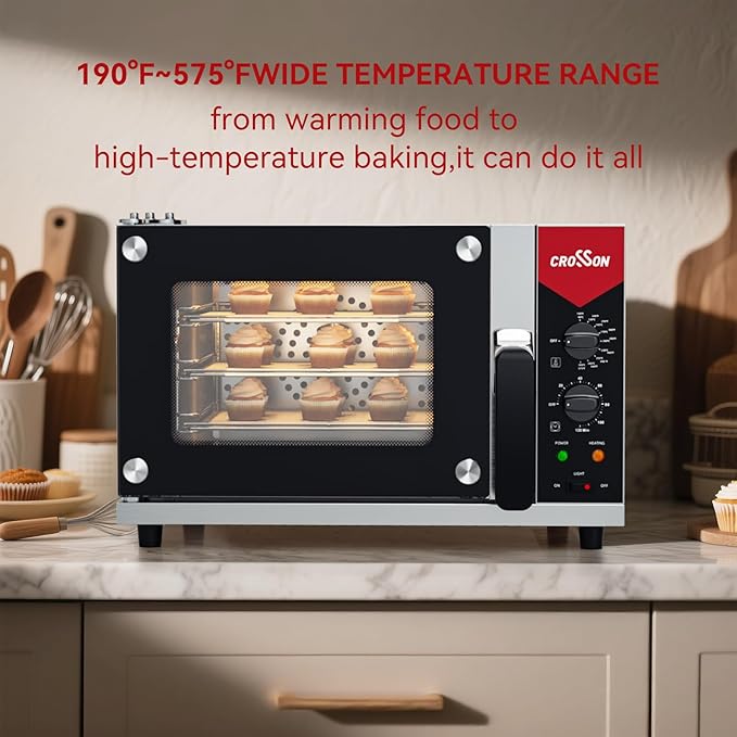 CROSSON 23L Quarter-Size Convection Oven3-Tier Commercial Toaster oven w/Front Glass Door3 set of Wire Racks120 Minutes Timer and Interior Light 120V/1600W Countertop Conventional Oven