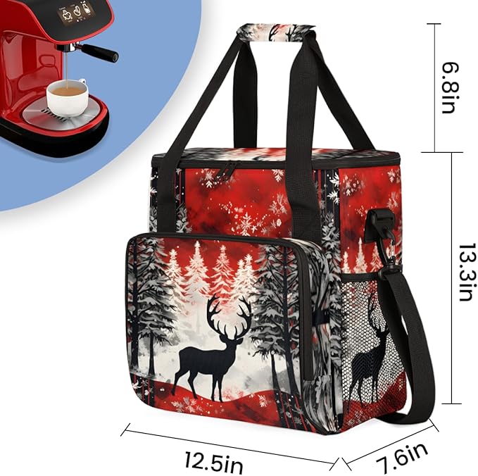 Christmas Misty Forest Coffee Maker Carrying Bag Winter Reindeer Travel Storage Bag Compatible with K-Mini or K-Mini Plus Single Serve Coffee Brewer Carrying Case with Pockets &amp Shoulder Strap