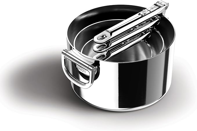 Joseph Joseph Space Steel 6-Piece Stainless Steel Sauce Pan Set with Lids Nesting with Folding Handles Induction &amp Oven Safe