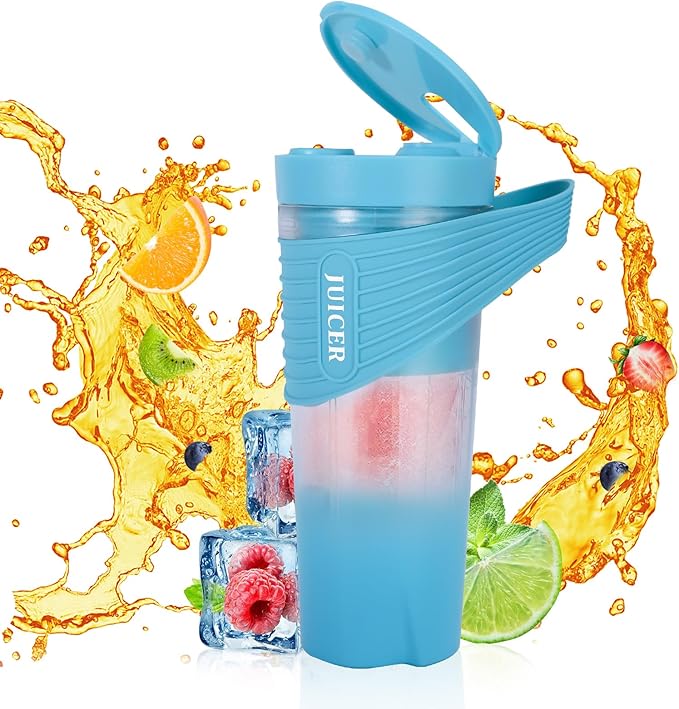 Portable Blender 460ml for Shakes Smoothie Juice for Travel Gym Office 4000mAh Type-C Rechargeable Personal Blender with 6 Sharp Blades Powerful 22000r/m Water Bottle Cup (Blue)