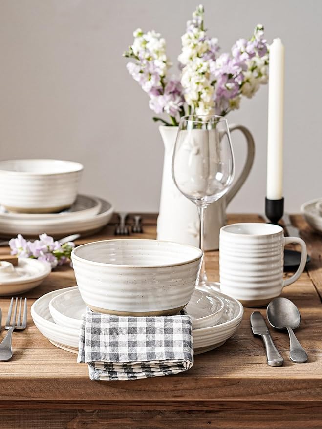 LE TAUCI Dinnerware Sets 16 PCS Stoneware Plates and Bowls Set House Warming Wedding Present Serve for 4 (10 Dinner Plates + 8 Salad Dish + 28 oz Cereal Bowl+12oz coffee mugs) x 4 Arctic White