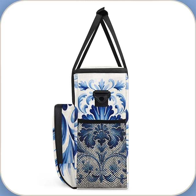 Floral Blue White Coffee Maker Travel Bag for Keurig K-Mini/K-Mini Plus Insulated Waterproof Tote with Pockets for K-Cup Portable Single-Serve Brewer Case