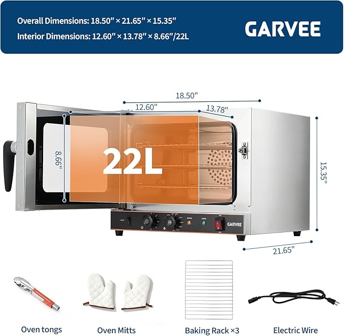 Garvee Commercial Convection Oven Countertop 22L/20Qt 1440W Toaster 3-Tier Electric Oven w/Front Glass Door Trays Wire Racks Clip Gloves 120V