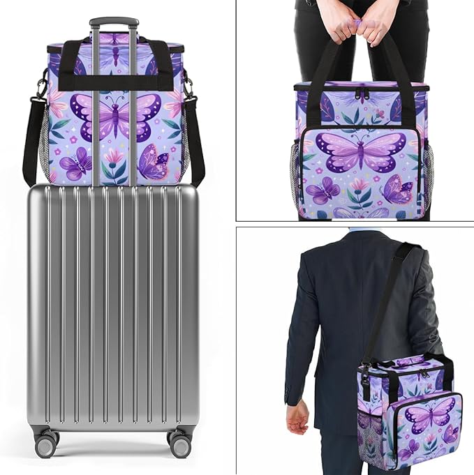 Purple Butterfly Travel Coffee Maker Carrying Bag Butterflies Rustic Floral Large Organizer Storage Tote Bag Insulated Reusable Cooler Lunch Bags
