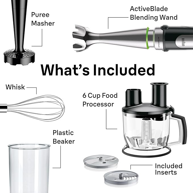 Braun 4-in-1 Immersion Hand Blender Powerful 500W Stainless Steel Stick Blender Variable Speed + 6-Cup Food Processor Whisk Beaker Masher Finer Blending MultiQuick MQ7077