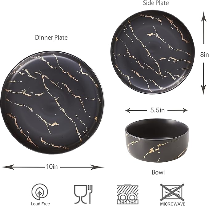 Black Gold Splash Dinnerware Sets Marble Porcelain Plates and Bowls Sets Modern Luxury Dish Set for 4 12 Pieces Fine China Plates Set for Formal Dinners and Anniversaries