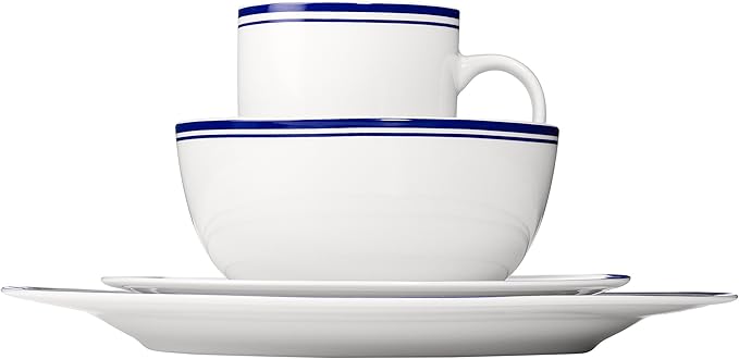 Amazon Basics 16-Piece Cafe Stripe Dinnerware Set Microwave and Dishwasher Safe Plates Bowls Mugs Service for 4 Blue