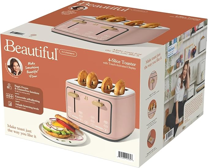 4 Slice Toaster with Touch Control Panel 1800W Fast Heating 7 Toast Shade Levels Extra Wide Slots for Bagels Removable Crumb Tray (Rose)