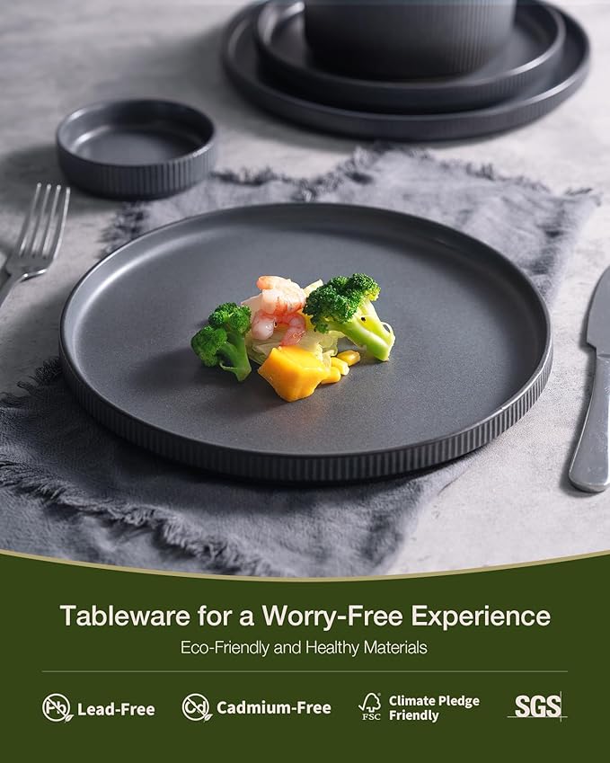 Famiware Star Plates and Bowls Sets Modern Stoneware Dinnerware Sets for 8 24-Piece Kitchen Dish Set - Microwave and Dishwasher Safe Chip and Scratch Resistant Matte Dark Charcoal