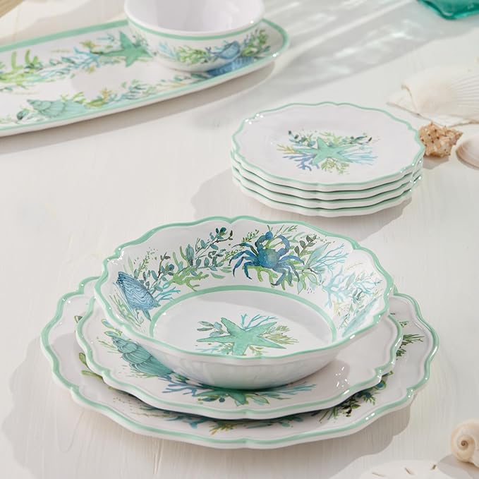 Sea Glass 12 Pc. MELAMINE DINNERWARE SET SERVICEfor 4 coastal mix‑and‑match plates and bowls with ocean motifs ideal for indoor outdoor dining beach homes patios poolside meals