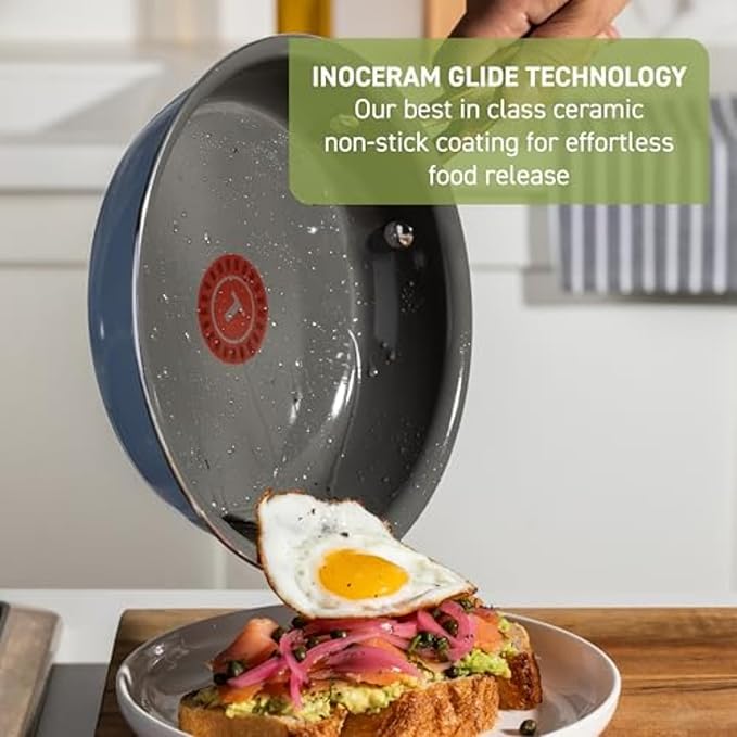 T-Fal Preserve Ceramic Nonstick Frying Pan 2-Pc Set 8.5 &amp 11 Oven Broiler Safe up to 350°F Cookware InoCeram Glide Technology Frying Pan Skillet Pots &amp Pans Blue