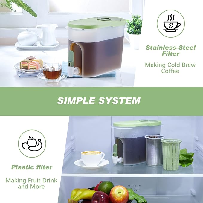 Gerrii 2 Pcs Cold Brew Maker 1 Gallon Plastic Beverage Dispenser with 2 Filters Drink Dispenser for Fridge Cold Brew Pitcher with Spigot Container for Juice Water Tea(Green Yellow)