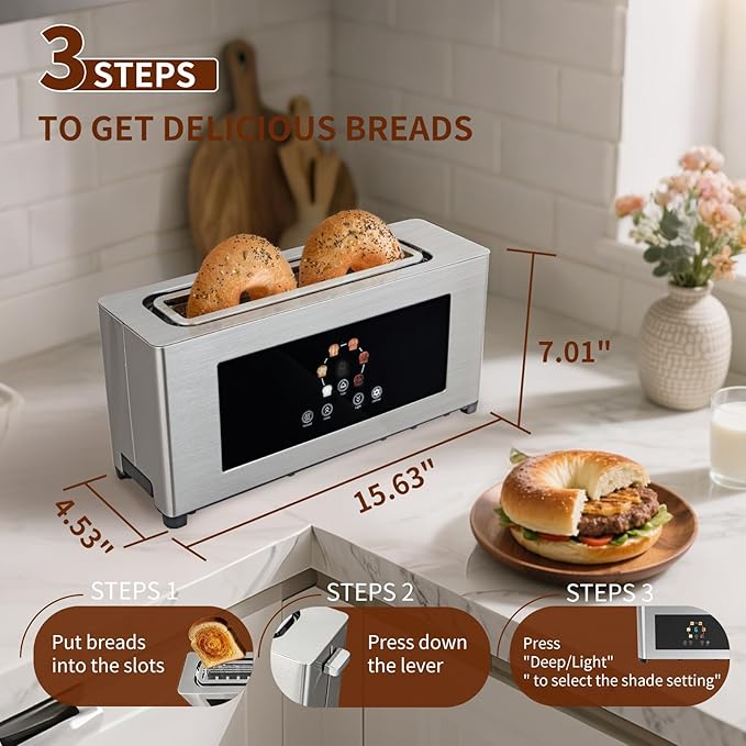 2 Slice Toaster with Touch Screen Slim Toaster For Long Slice 1.6 Wide Slot 6 Browning Levels 1000W Fast Heating Slim Stainless Steel Design for Bagels Baguettes Compact Kitchen &amp RV Use