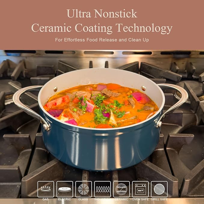 Ceramic Cookware Set Nonstick Ceramic Pots and Pans Non Toxic Frying Pans Sauce Pan Saute Pan with Lid Stay-Cool Handles Dishwasher &amp Oven Safe Compatible with All Cooktops