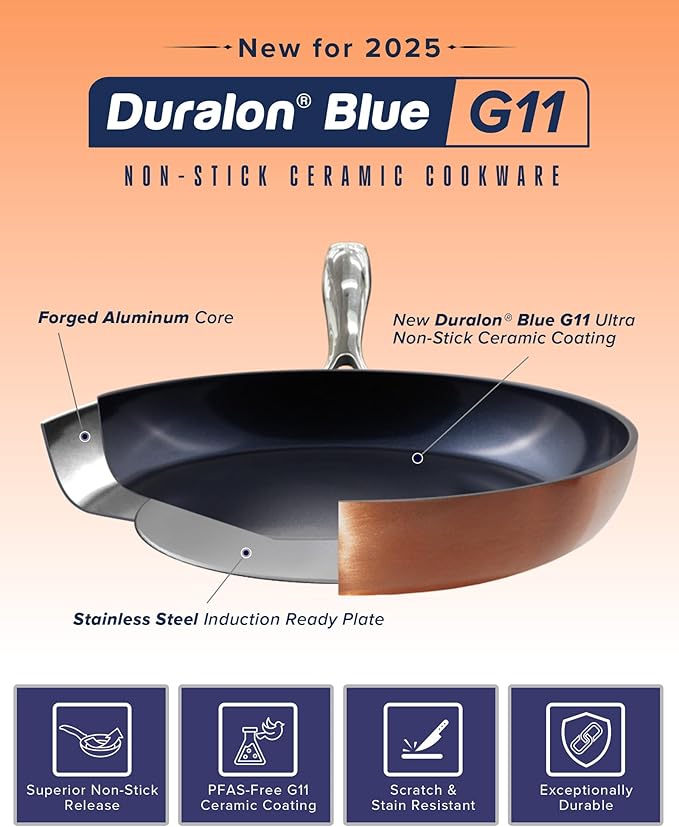 Nuwave Healthy G11-Pots and Pans Set Non Stick 9H Near-Diamond Hardness Scratch-Resistant Works on All Stovetops PFAS Free with Frying Pans Saucepans &amp Glass Lids Stay-Cool Handles Copper